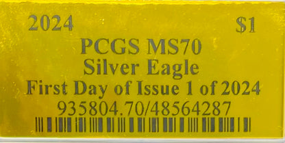 2024 $1 (W) American Silver Eagle PCGS MS70 First Day of Issue Gold Foil Label Mint Condition (Rare 1 of 2,024)