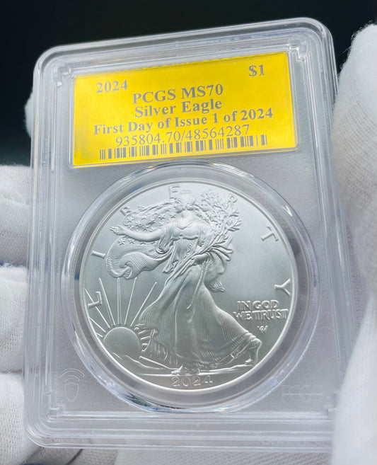 2024 $1 (W) American Silver Eagle PCGS MS70 First Day of Issue Gold Foil Label Mint Condition (Rare 1 of 2,024)