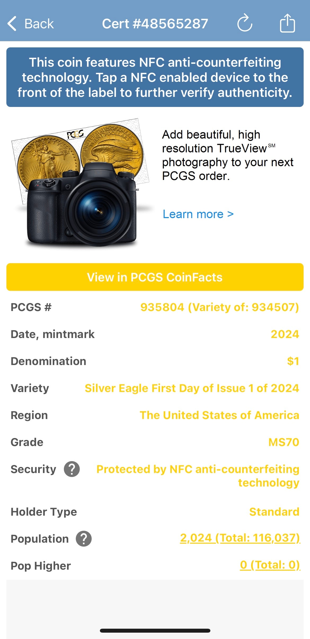 2024 $1 (W) American Silver Eagle PCGS MS70 First Day of Issue Gold Foil Label Mint Condition (Rare 1 of 2,024)