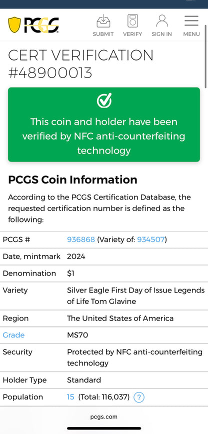2024 $1 American Silver Eagle PCGS MS70 FDOI Legends of Life MLB Hall of Fame Tom Glavin Signed Label Mint Condition(Rare 1 of 15)