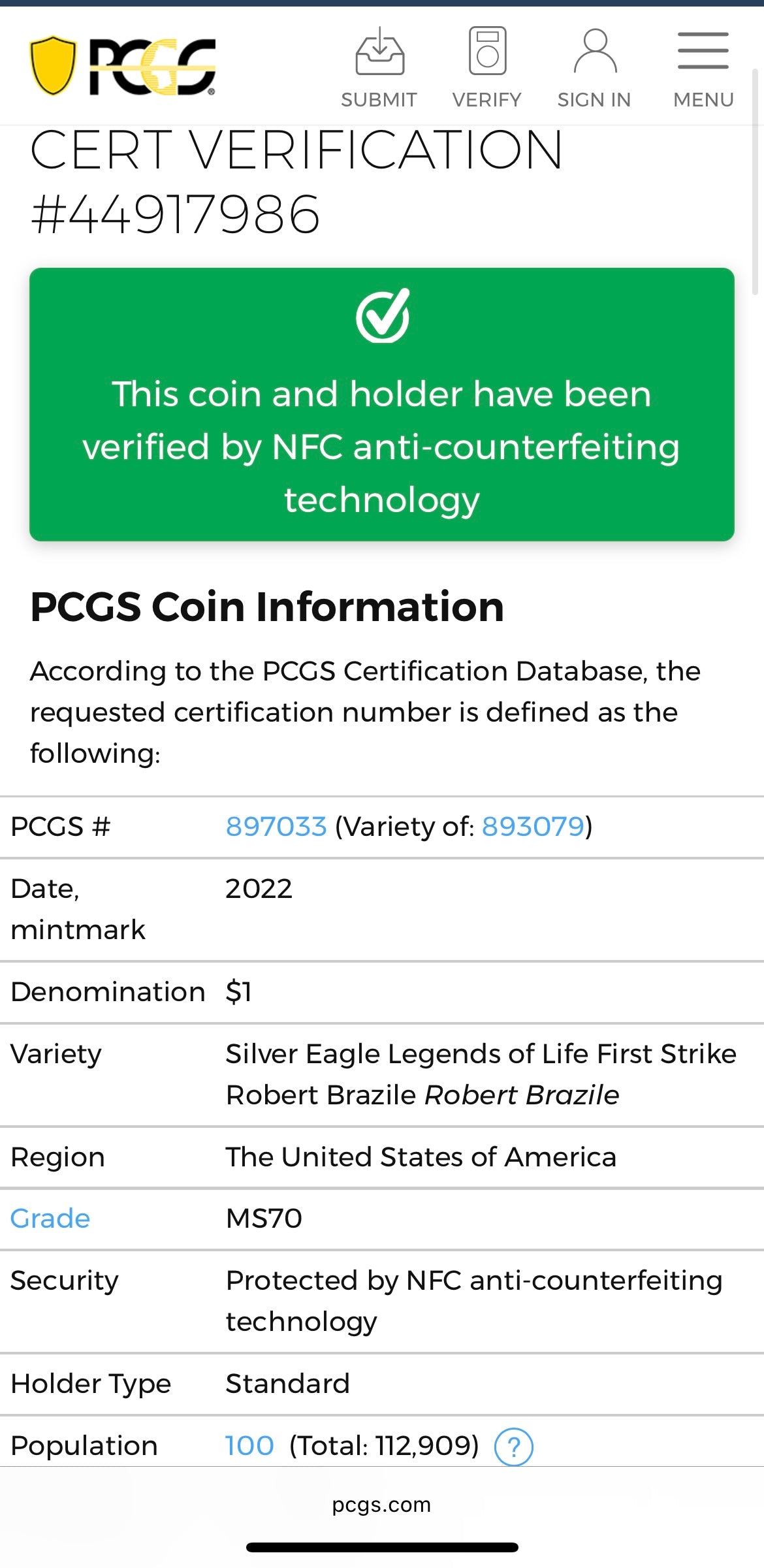 2022 $1 American Silver Eagle PCGS MS70 First Strike Legends of Life NFL Hall of Fame Robert Brazile Signed Label Mint Condition (1 of 100)