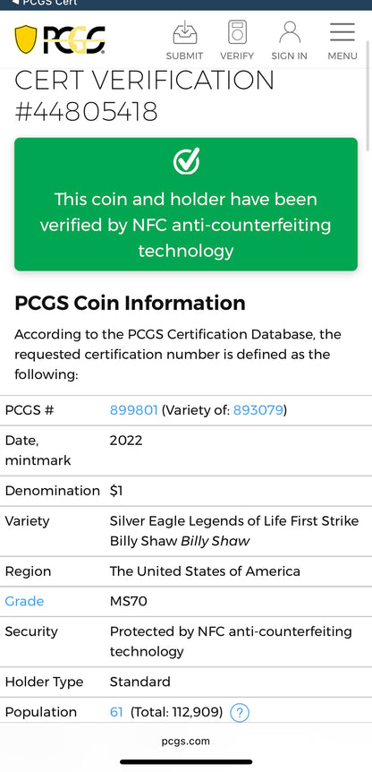 2022 $1 American Silver Eagle PCGS MS70 First Strike Legends of Life NFL Hall of Fame Billy Shaw Signed Label Mint Condition (1 of 61)