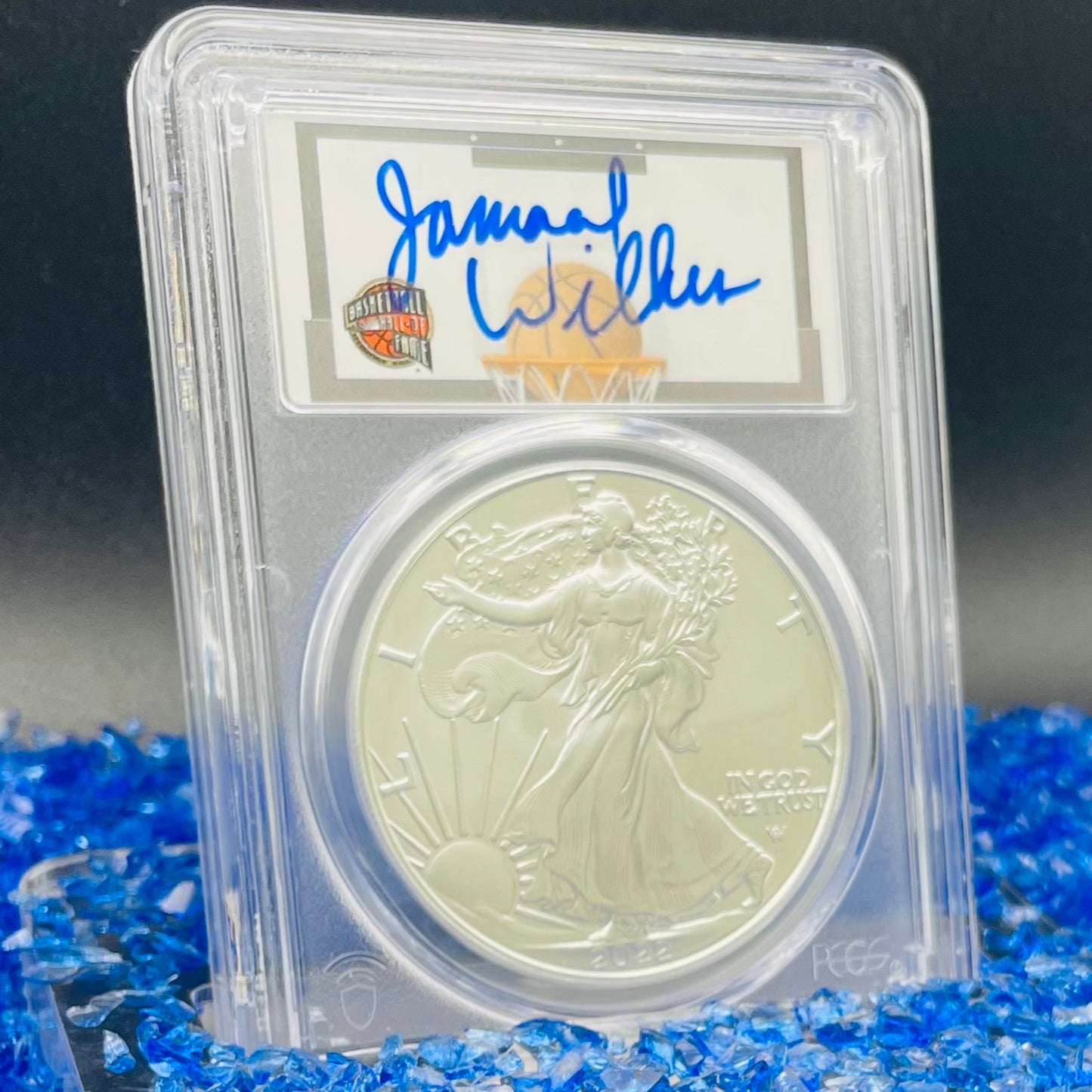 2022 $1 American Silver Eagle PCGS MS70 FDOI NBA NMBHOF Private Collection Jamaal Wilkes Signed Blue Marker (Rare 1 of 74)