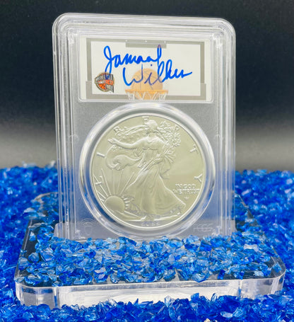 2022 $1 American Silver Eagle PCGS MS70 FDOI NBA NMBHOF Private Collection Jamaal Wilkes Signed Blue Marker (Rare 1 of 74)