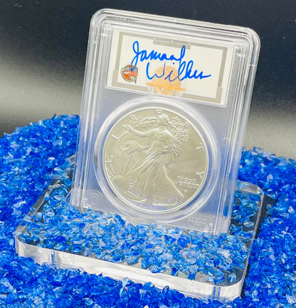 2022 $1 American Silver Eagle PCGS MS70 FDOI NBA NMBHOF Private Collection Jamaal Wilkes Signed Blue Marker (Rare 1 of 74)