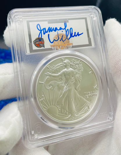 2022 $1 American Silver Eagle PCGS MS70 FDOI NBA NMBHOF Private Collection Jamaal Wilkes Signed Blue Marker (Rare 1 of 74)