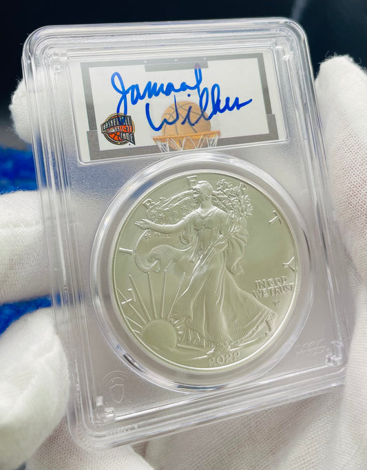 2022 $1 American Silver Eagle PCGS MS70 FDOI NBA NMBHOF Private Collection Jamaal Wilkes Signed Blue Marker (Rare 1 of 74)