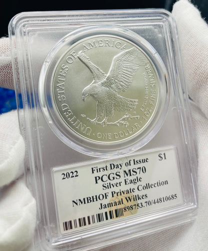 2022 $1 American Silver Eagle PCGS MS70 FDOI NBA NMBHOF Private Collection Jamaal Wilkes Signed Blue Marker (Rare 1 of 74)