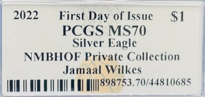 2022 $1 American Silver Eagle PCGS MS70 FDOI NBA NMBHOF Private Collection Jamaal Wilkes Signed Blue Marker (Rare 1 of 74)