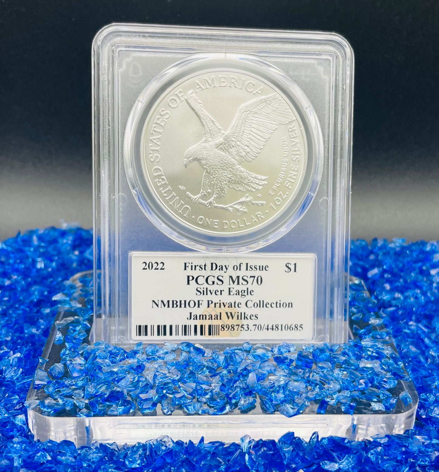2022 $1 American Silver Eagle PCGS MS70 FDOI NBA NMBHOF Private Collection Jamaal Wilkes Signed Blue Marker (Rare 1 of 74)