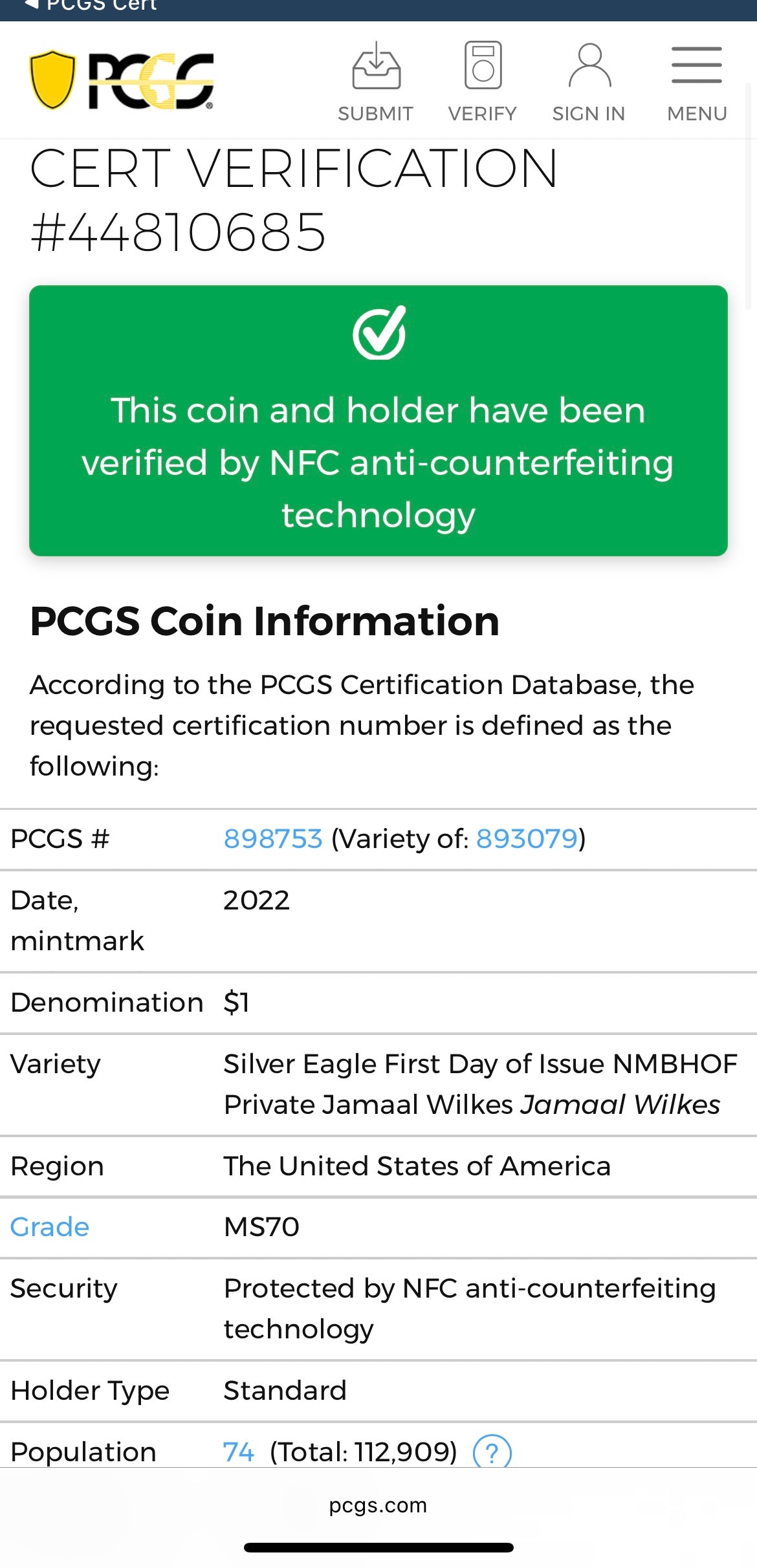 2022 $1 American Silver Eagle PCGS MS70 FDOI NBA NMBHOF Private Collection Jamaal Wilkes Signed Blue Marker (Rare 1 of 74)