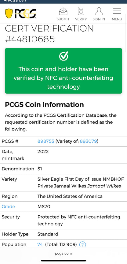 2022 $1 American Silver Eagle PCGS MS70 FDOI NBA NMBHOF Private Collection Jamaal Wilkes Signed Blue Marker (Rare 1 of 74)