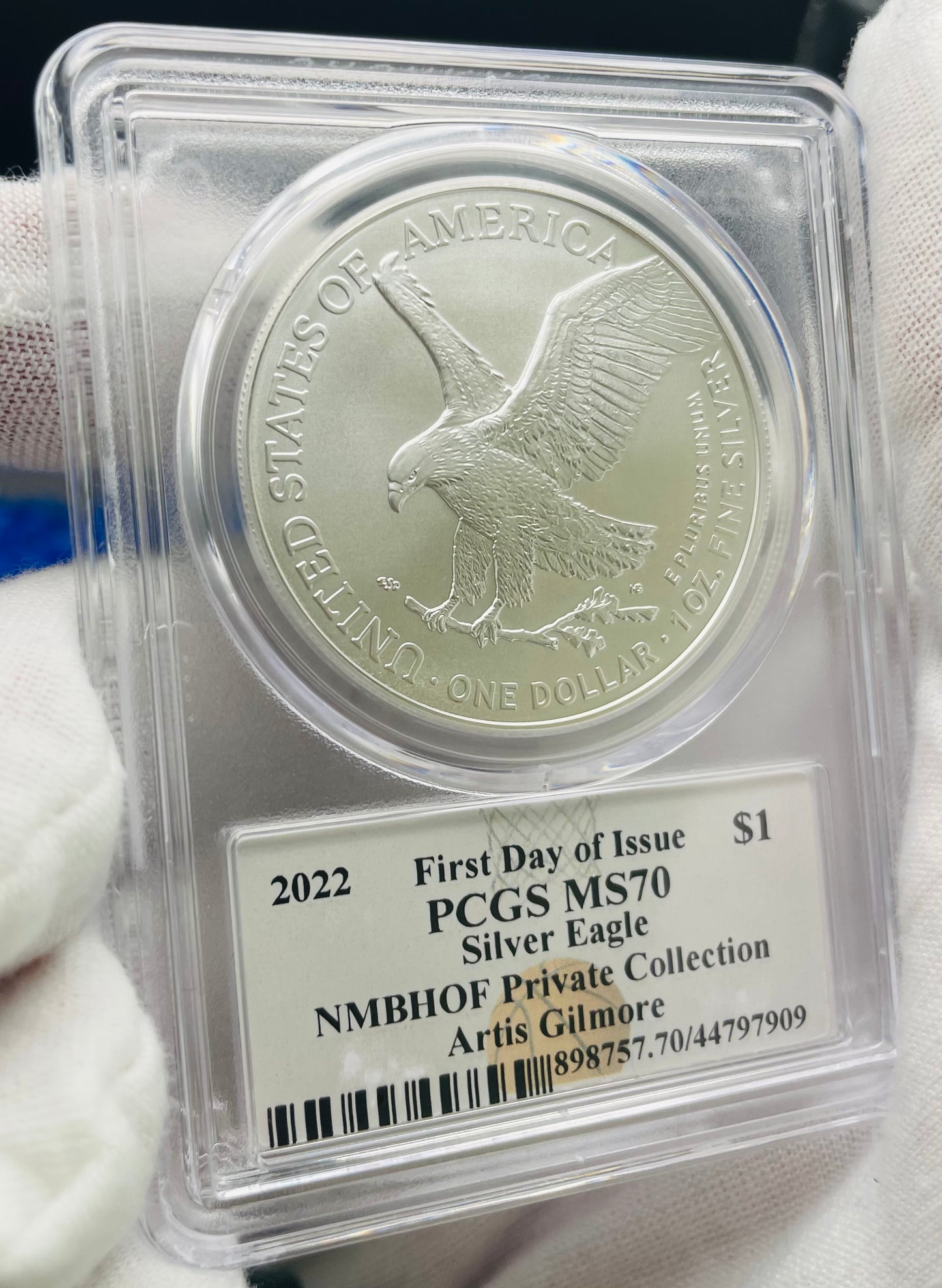 2022 $1 American Silver Eagle PCGS MS70 FDOI NBA NMBHOF Private Collection Artis Gilmore Signed Label Blue Marker (Rare 1 of 179)