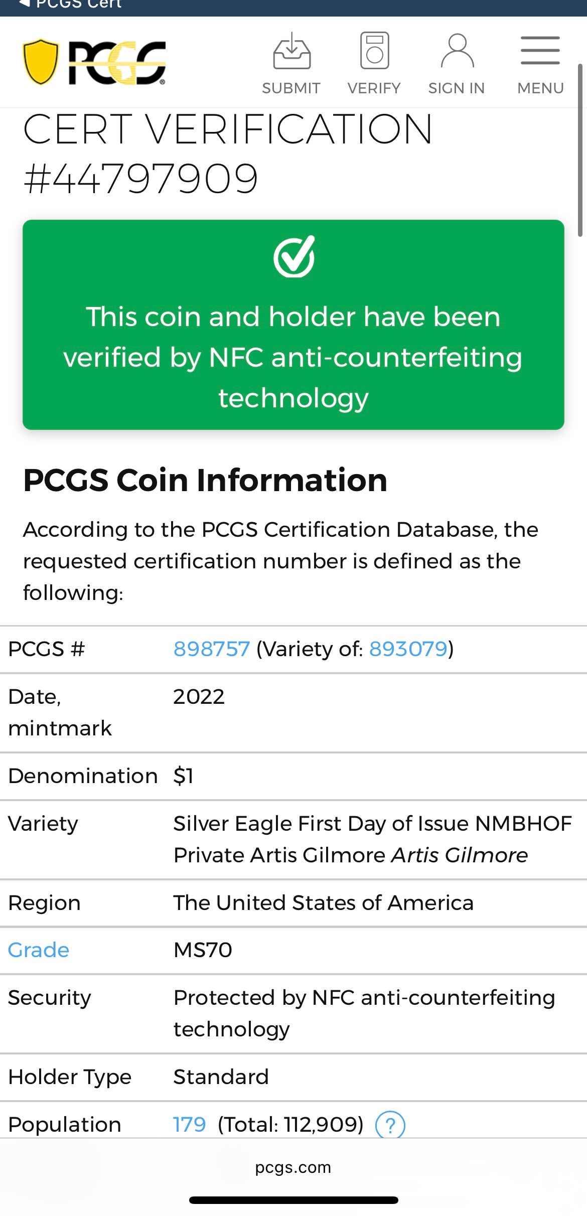 2022 $1 American Silver Eagle PCGS MS70 FDOI NBA NMBHOF Private Collection Artis Gilmore Signed Label Blue Marker (Rare 1 of 179)