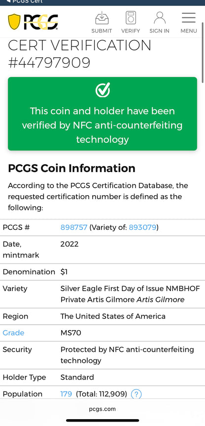 2022 $1 American Silver Eagle PCGS MS70 FDOI NBA NMBHOF Private Collection Artis Gilmore Signed Label Blue Marker (Rare 1 of 179)