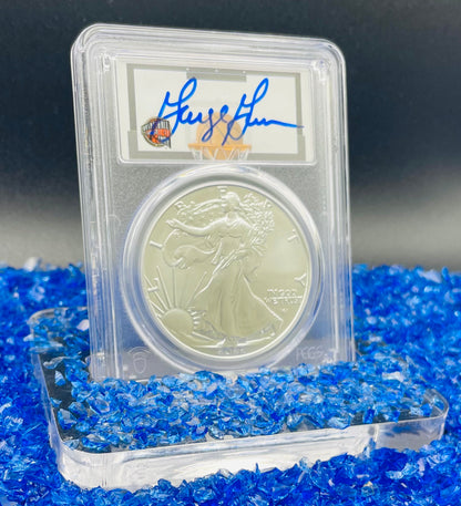 2022 $1 American Silver Eagle PCGS MS70 FDOI NBA NMBHOF Private Collection George Gervin Signed Label Blue Marker Mint Condition (Rare 1 of 91)