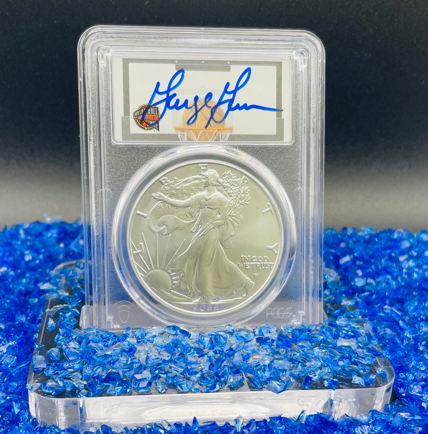 2022 $1 American Silver Eagle PCGS MS70 FDOI NBA NMBHOF Private Collection George Gervin Signed Label Blue Marker Mint Condition (Rare 1 of 91)