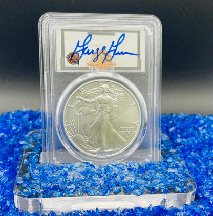 2022 $1 American Silver Eagle PCGS MS70 FDOI NBA NMBHOF Private Collection George Gervin Signed Label Blue Marker Mint Condition (Rare 1 of 91)
