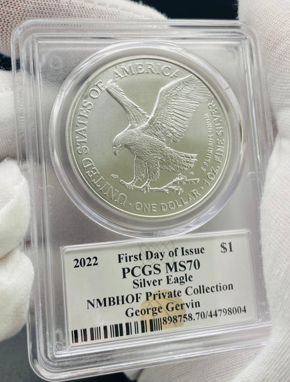2022 $1 American Silver Eagle PCGS MS70 FDOI NBA NMBHOF Private Collection George Gervin Signed Label Blue Marker Mint Condition (Rare 1 of 91)