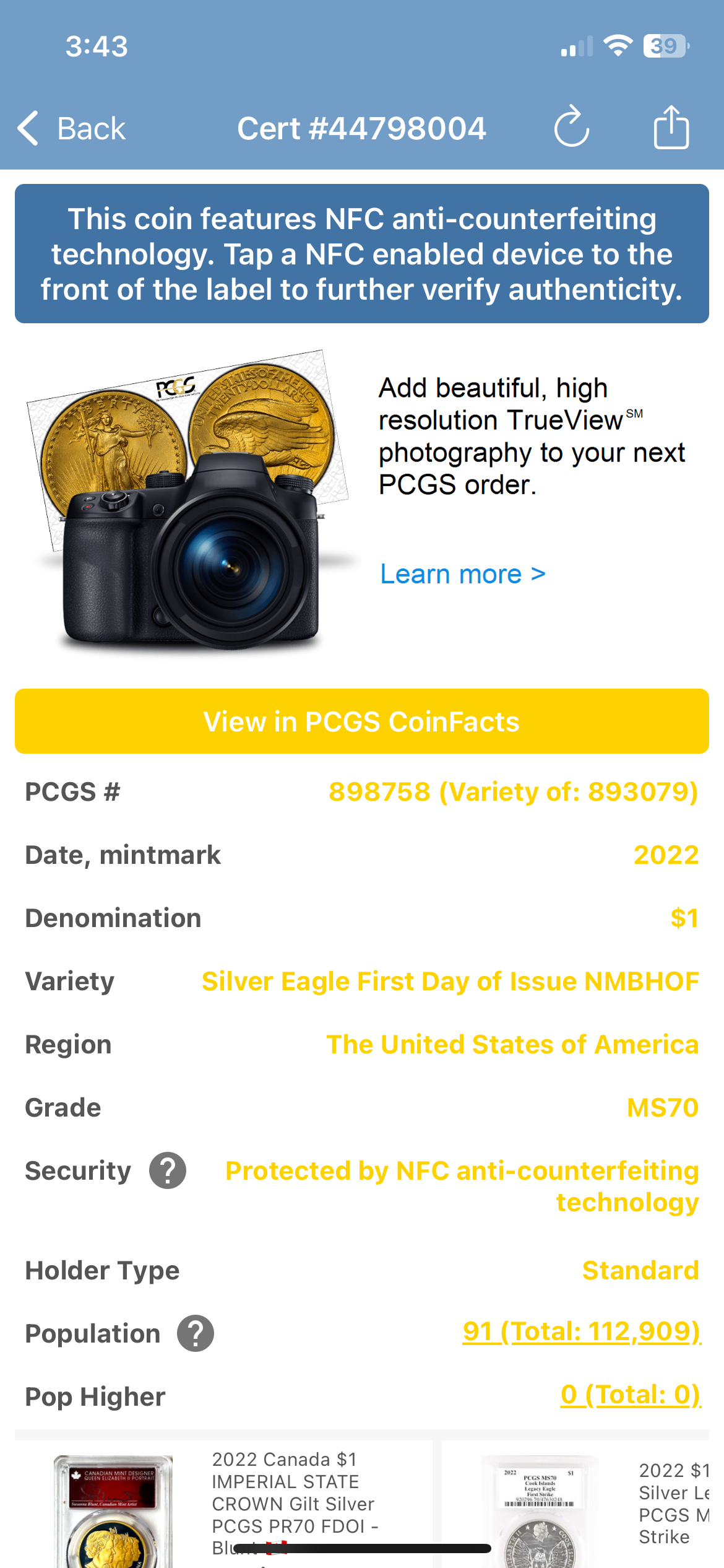 2022 $1 American Silver Eagle PCGS MS70 FDOI NBA NMBHOF Private Collection George Gervin Signed Label Blue Marker Mint Condition (Rare 1 of 91)