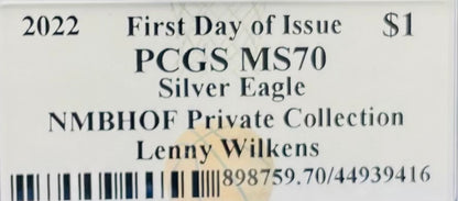 2022 $1 American Silver Eagle PCGS MS70 FDOI NBA NMBHOF Private Collection Lenny Wilkens Signed Label Blue Marker Mint Condition (Rare 1 of 36)