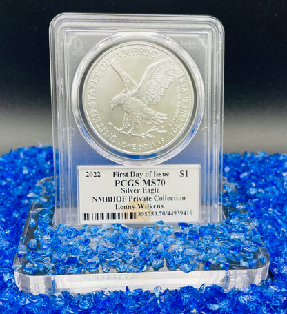 2022 $1 American Silver Eagle PCGS MS70 FDOI NBA NMBHOF Private Collection Lenny Wilkens Signed Label Blue Marker Mint Condition (Rare 1 of 36)