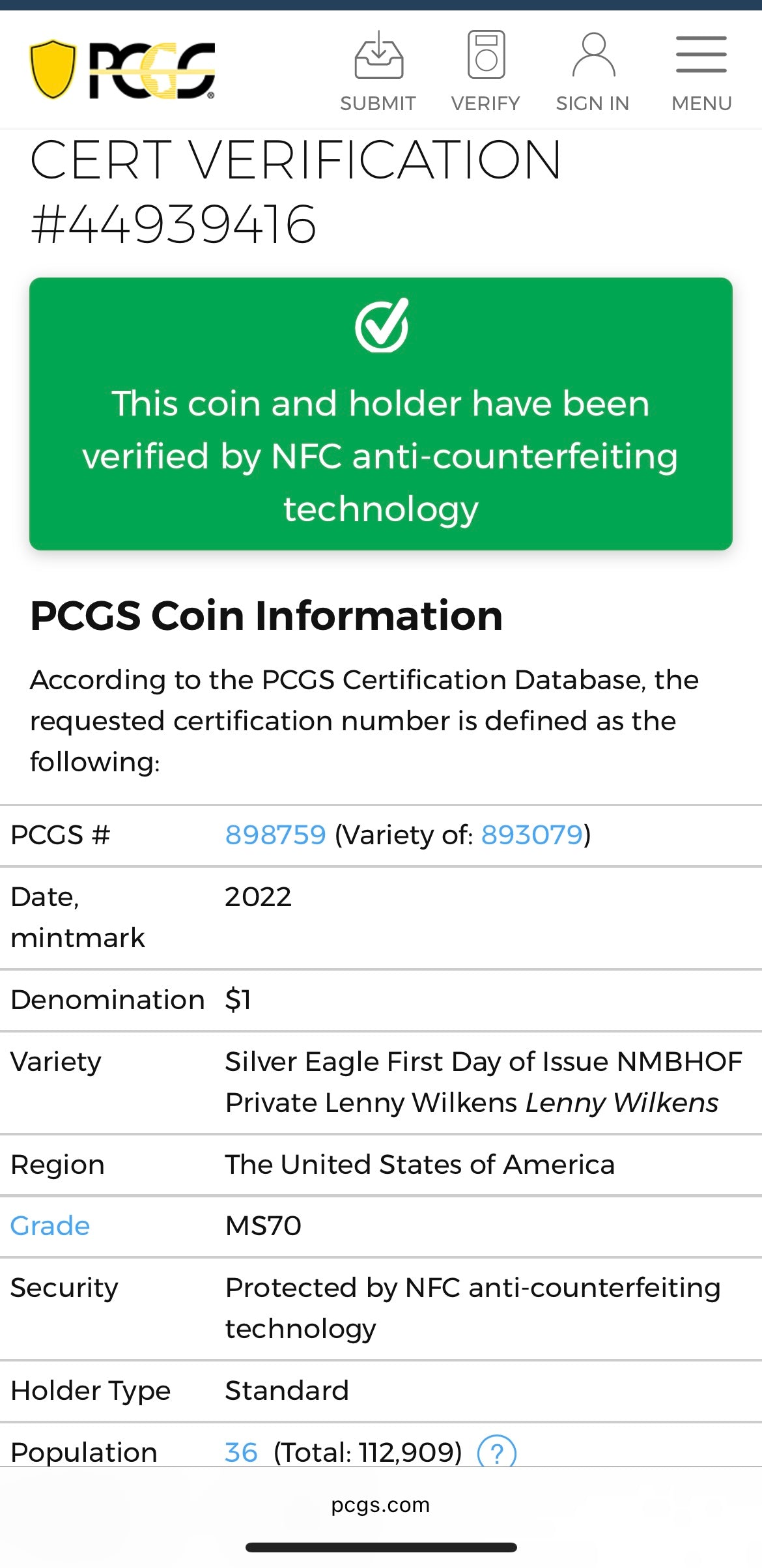 2022 $1 American Silver Eagle PCGS MS70 FDOI NBA NMBHOF Private Collection Lenny Wilkens Signed Label Blue Marker Mint Condition (Rare 1 of 36)