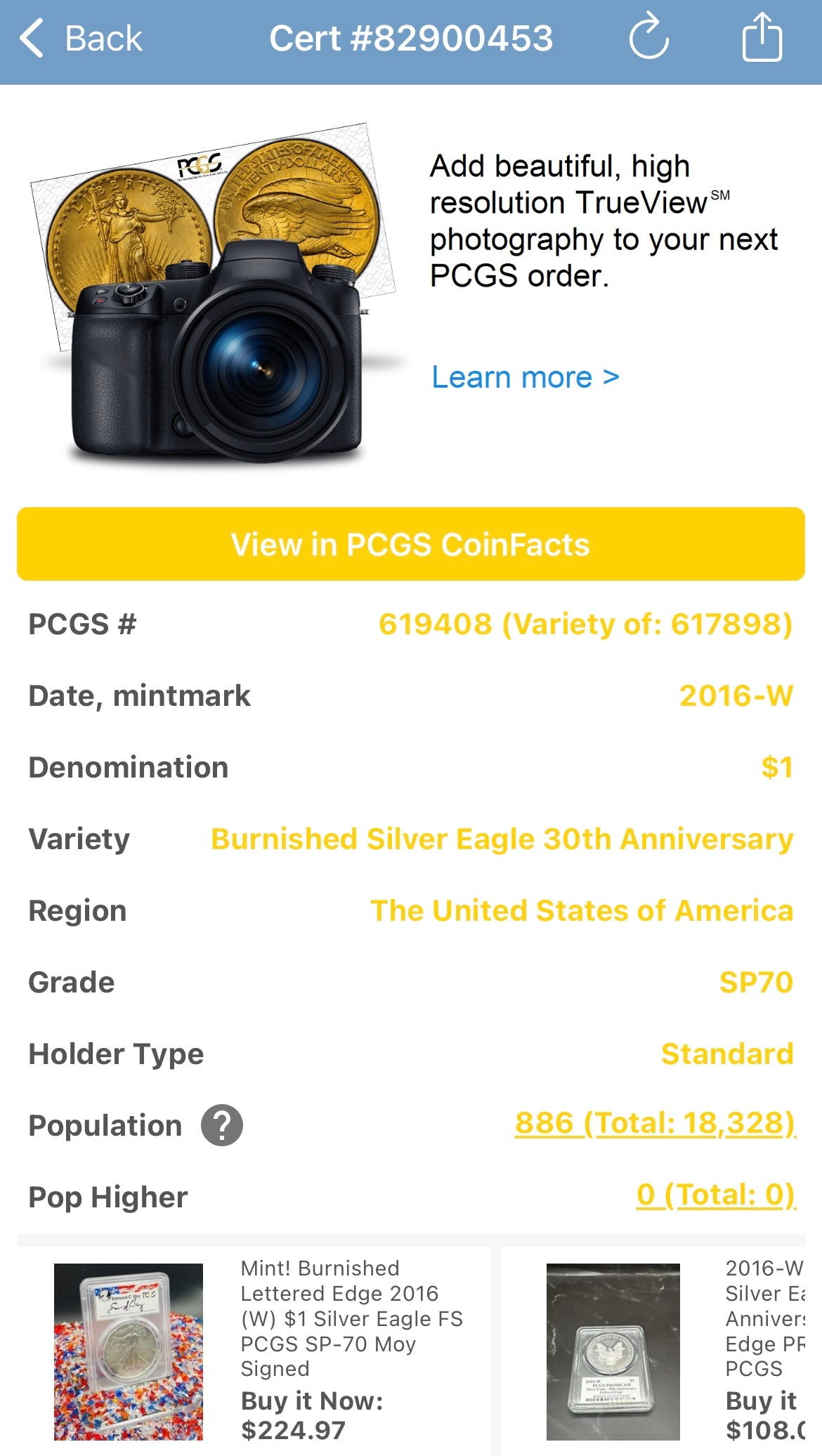 Burnished 2016 (W) $1 American Silver Eagle PCGS SP70 First Strike Edmund C Moy Signed Label Mint Condition (1 of 1,114)