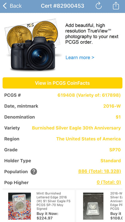 Burnished 2016 (W) $1 American Silver Eagle PCGS SP70 First Strike Edmund C Moy Signed Label Mint Condition (1 of 1,114)