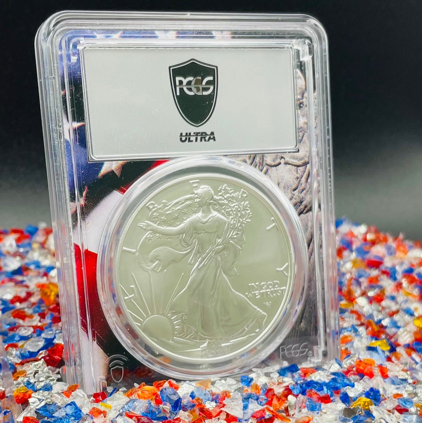Burnished 2022 (W) $1 American Silver Eagle PCGS SP70 US Mint Private Auction Ultra Breaks Silver Foil Label American Flag Holder Mint Condition (1 of 1,335)