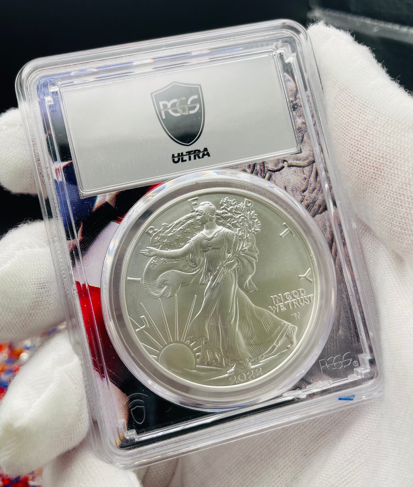 Burnished 2022 (W) $1 American Silver Eagle PCGS SP70 US Mint Private Auction Ultra Breaks Silver Foil Label American Flag Holder Mint Condition (1 of 1,335)