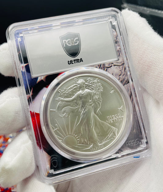 Burnished 2022 (W) $1 American Silver Eagle PCGS SP70 US Mint Private Auction Ultra Breaks Silver Foil Label American Flag Holder Mint Condition (1 of 1,335)