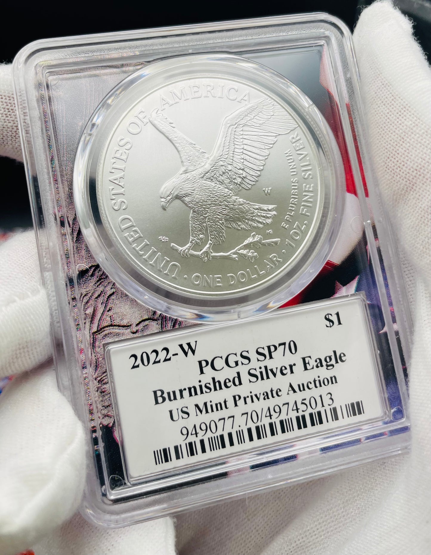 Burnished 2022 (W) $1 American Silver Eagle PCGS SP70 US Mint Private Auction Ultra Breaks Silver Foil Label American Flag Holder Mint Condition (1 of 1,335)