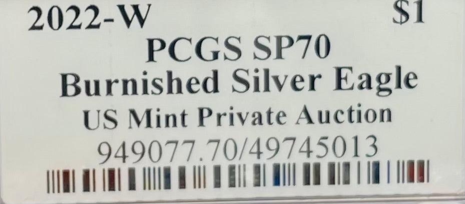 Burnished 2022 (W) $1 American Silver Eagle PCGS SP70 US Mint Private Auction Ultra Breaks Silver Foil Label American Flag Holder Mint Condition (1 of 1,335)