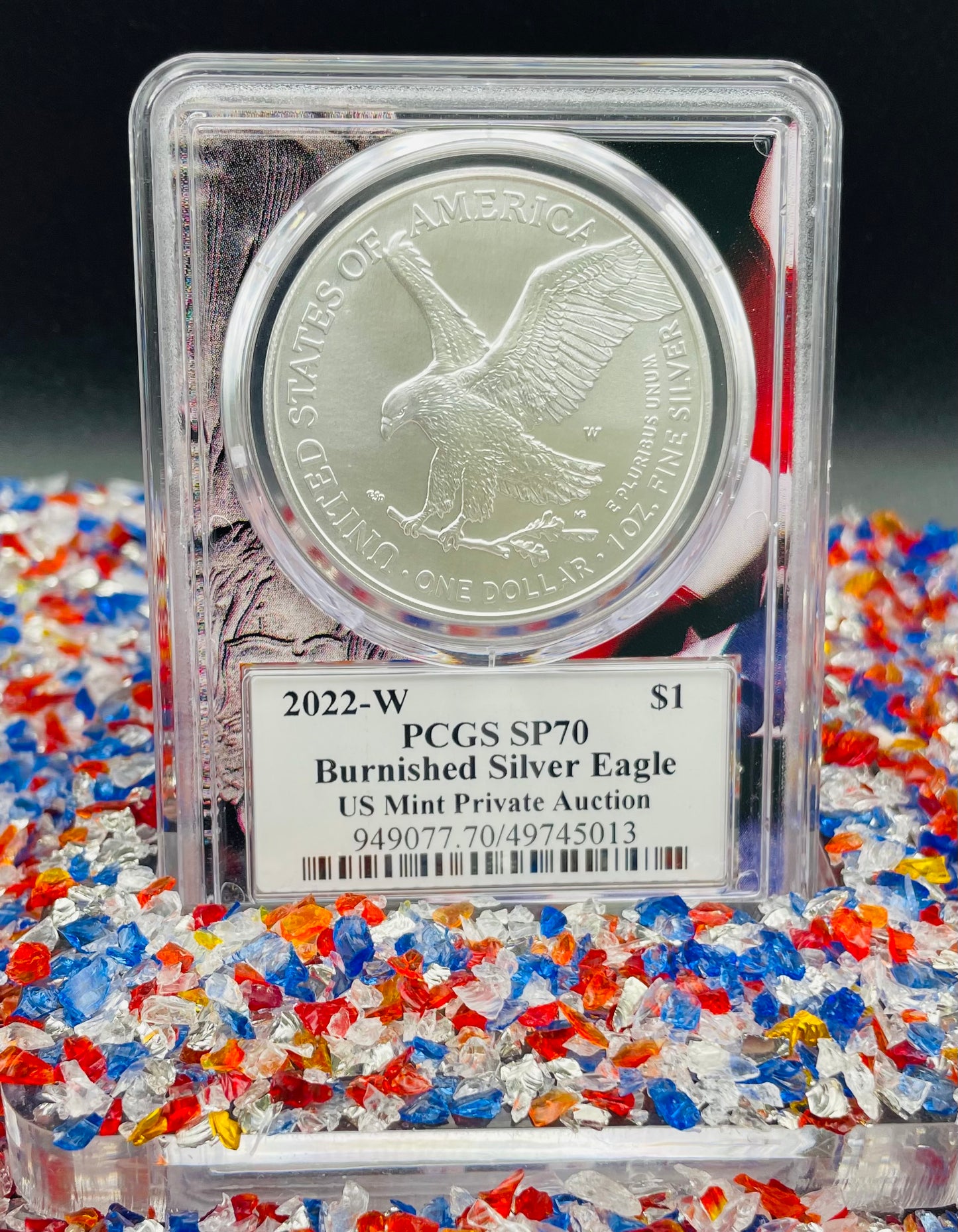 Burnished 2022 (W) $1 American Silver Eagle PCGS SP70 US Mint Private Auction Ultra Breaks Silver Foil Label American Flag Holder Mint Condition (1 of 1,335)