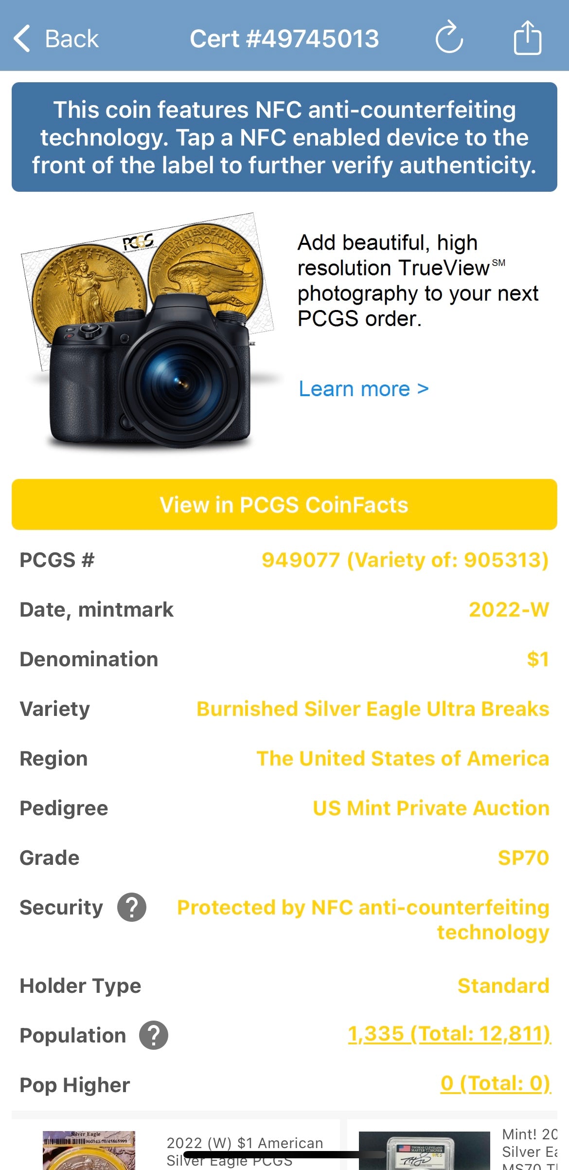 Burnished 2022 (W) $1 American Silver Eagle PCGS SP70 US Mint Private Auction Ultra Breaks Silver Foil Label American Flag Holder Mint Condition (1 of 1,335)
