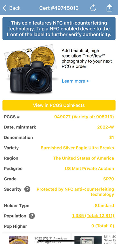 Burnished 2022 (W) $1 American Silver Eagle PCGS SP70 US Mint Private Auction Ultra Breaks Silver Foil Label American Flag Holder Mint Condition (1 of 1,335)