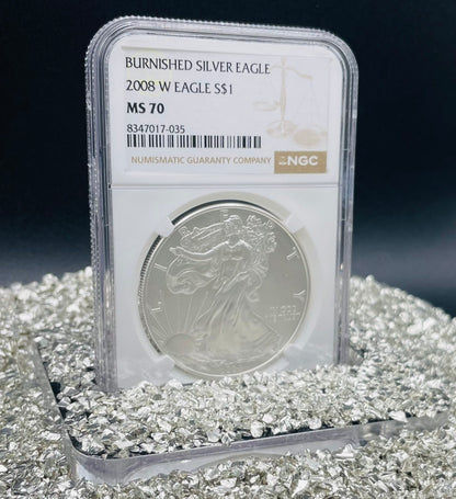 Burnished 2008 $1 (W) American Silver Eagle NGC MS70 Brown Label Mint Condition