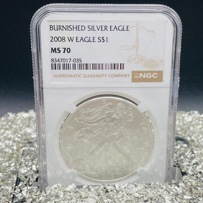 Burnished 2008 $1 (W) American Silver Eagle NGC MS70 Brown Label Mint Condition