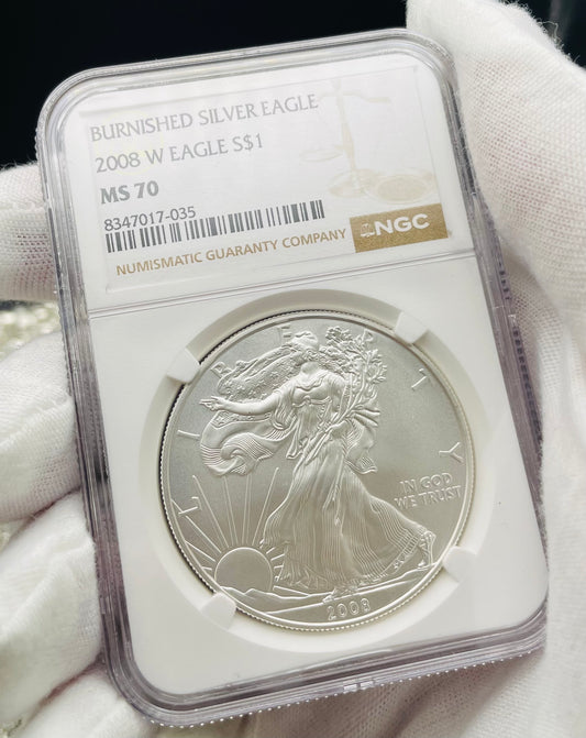 Burnished 2008 $1 (W) American Silver Eagle NGC MS70 Brown Label Mint Condition