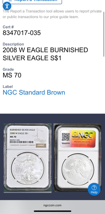 Burnished 2008 $1 (W) American Silver Eagle NGC MS70 Brown Label Mint Condition