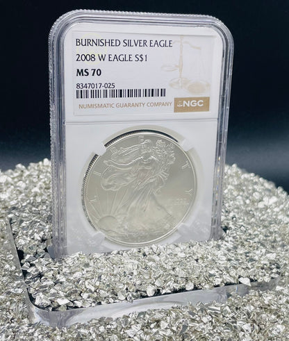 Burnished 2008 $1 (W) American Silver Eagle NGC MS70 Brown Label Mint Condition