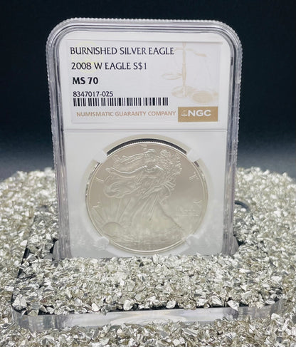 Burnished 2008 $1 (W) American Silver Eagle NGC MS70 Brown Label Mint Condition