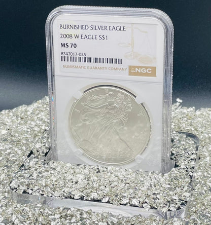 Burnished 2008 $1 (W) American Silver Eagle NGC MS70 Brown Label Mint Condition