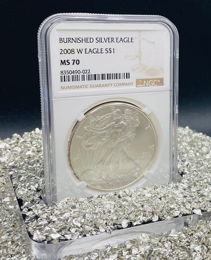 Burnished 2008 $1 (W) American Silver Eagle NGC MS70 Brown Label Mint Condition