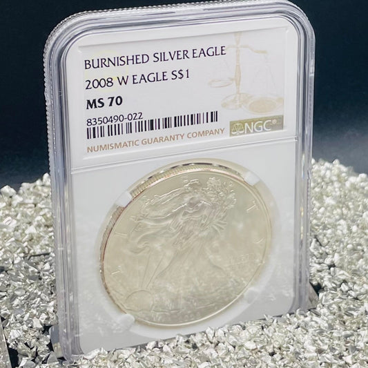 Burnished 2008 $1 (W) American Silver Eagle NGC MS70 Brown Label Mint Condition