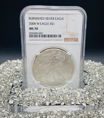 Burnished 2008 $1 (W) American Silver Eagle NGC MS70 Brown Label Mint Condition