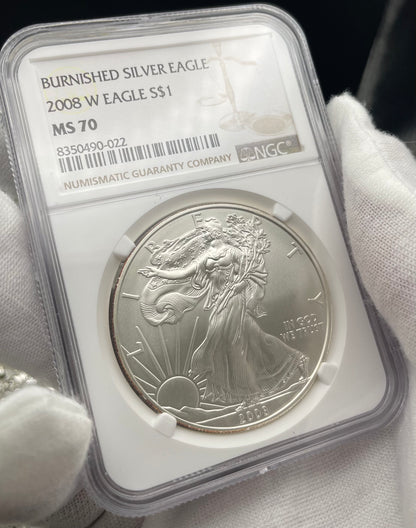 Burnished 2008 $1 (W) American Silver Eagle NGC MS70 Brown Label Mint Condition