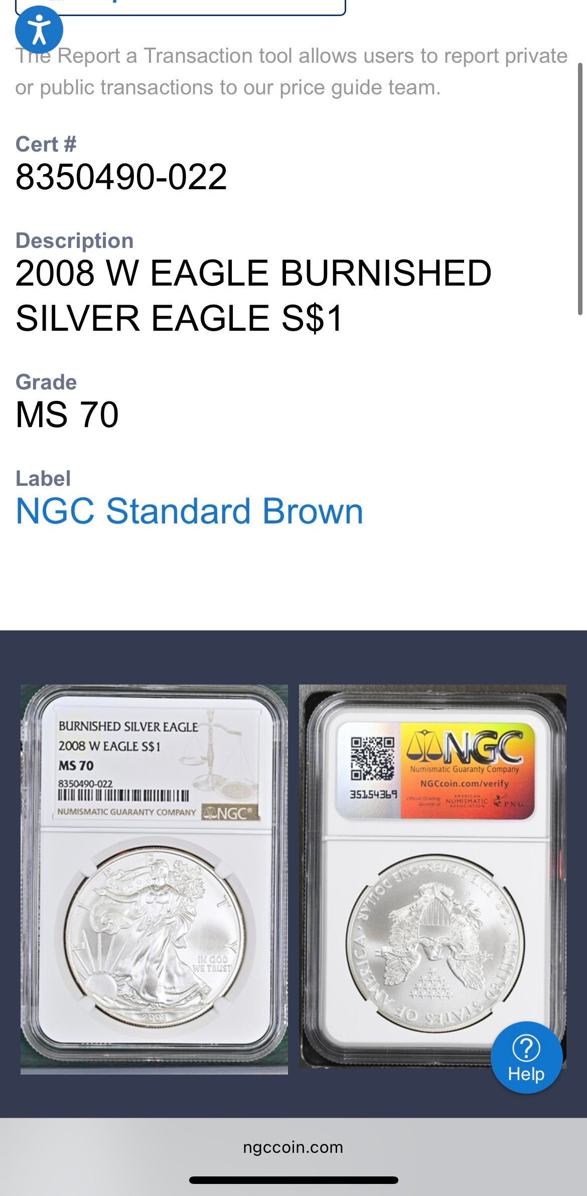 Burnished 2008 $1 (W) American Silver Eagle NGC MS70 Brown Label Mint Condition