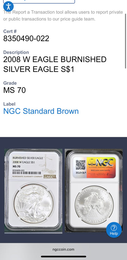 Burnished 2008 $1 (W) American Silver Eagle NGC MS70 Brown Label Mint Condition